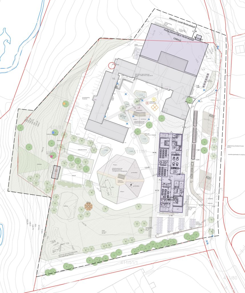 Illustrasjon/tegning av skoleområdet, skolegården, trær, grøntarealer etc. Utomhusplan, fugleperspektiv